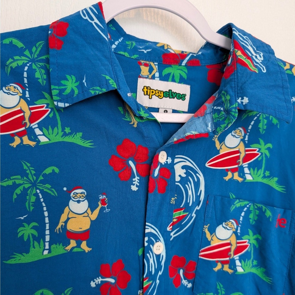 Surfing Santa Hawaiian Shirt by Tipsy Elves - Men's Large Vacation